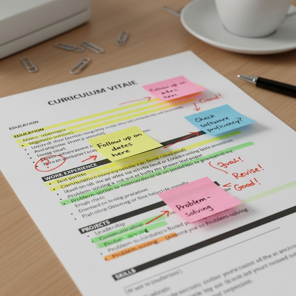 Zbliżenie na CV z notatkami i zakreślaczami, symbolizujące nowoczesne podejście do dokumentów aplikacyjnych