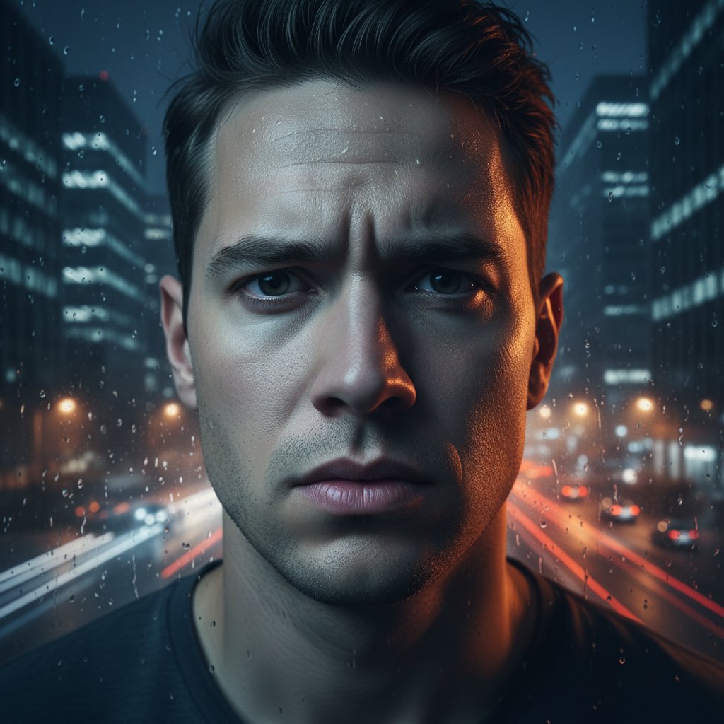 Zbliżenie na twarz osoby z wyraźnym napięciem, w tle rozmyte miasto – obrazujący fizjologiczne skutki stresu