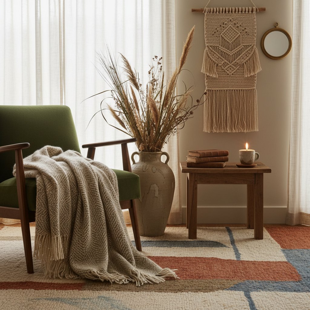 Ręcznie wykonane detale w pokoju hotelu butikowego, światło dzienne, artystyczny wystrój.