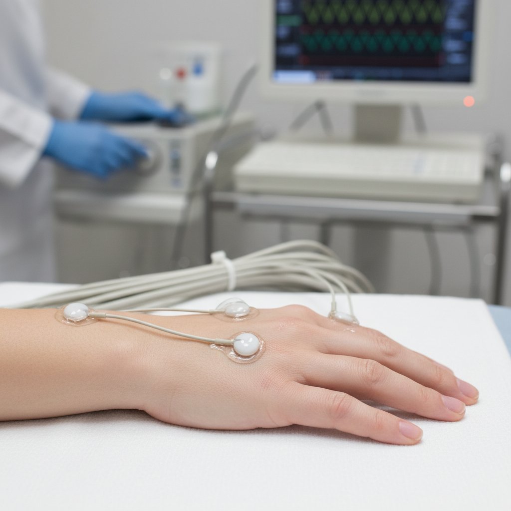 Zbliżenie dłoni pacjenta z elektrodami podczas zabiegu prądami diadynamicznymi