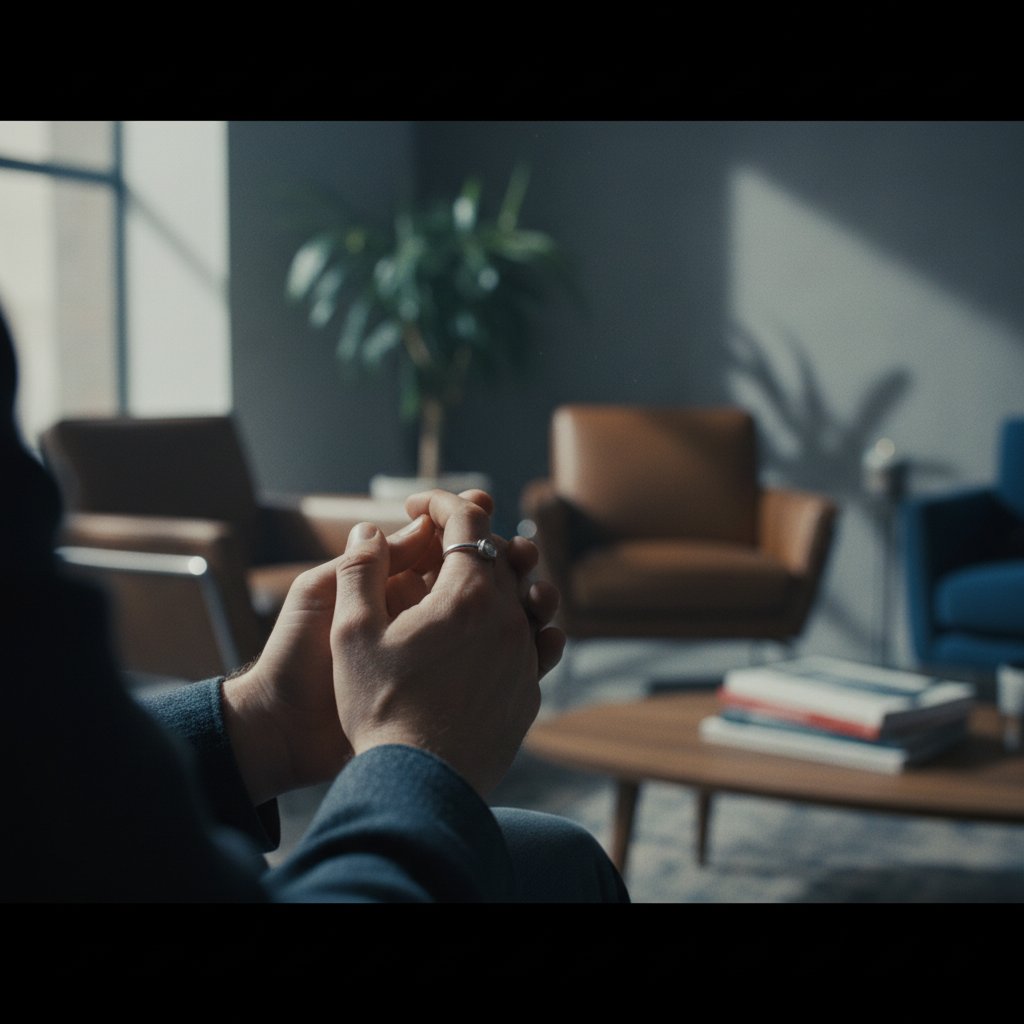 Zdenerwowane dłonie w poczekalni psychologicznej, współpraca z psychologiem w praktyce