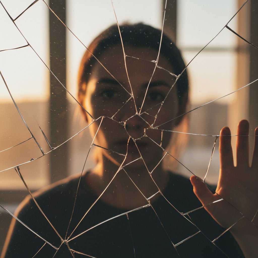 Zbliżenie na pęknięte lustro, odbicie osoby rozdzielone na dwie części, symboliczna walka z sobą