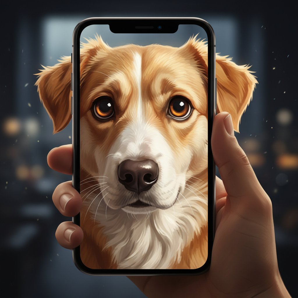 Die realistischen Augen eines virtuellen Hundes auf einem Smartphone-Bildschirm