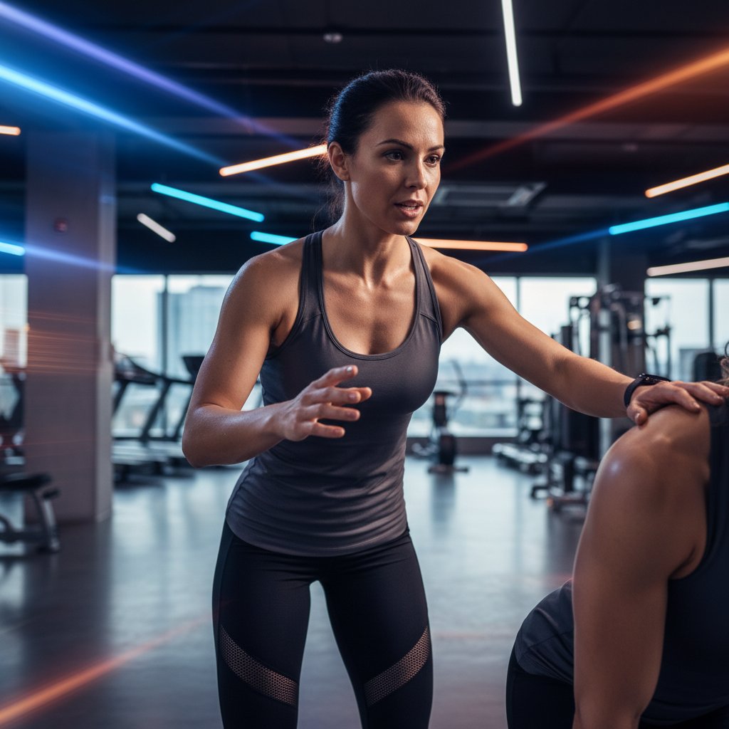 Zbliżenie na trenerkę fitness udzielającą bezpośrednich wskazówek klientce w nowoczesnej siłowni, dynamiczne światło