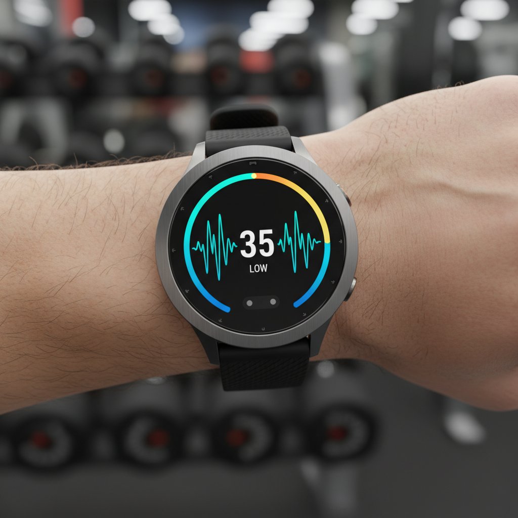 Zbliżenie na ekran zegarka fitness z widocznym pomiarem stresu