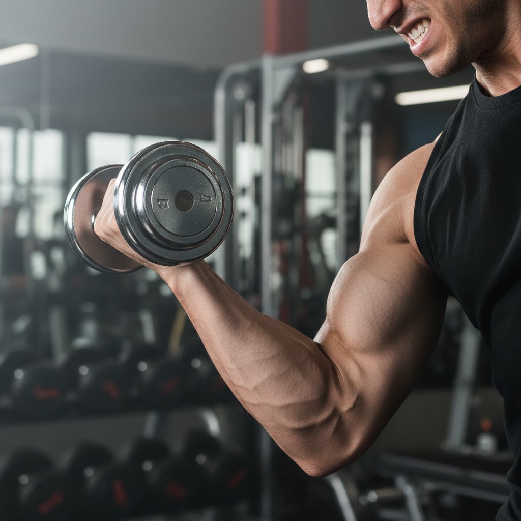 Zbliżenie na mięsień bicepsa podczas ćwiczenia izolowanego w siłowni, wyraźne włókna mięśniowe, szczegółowy widok