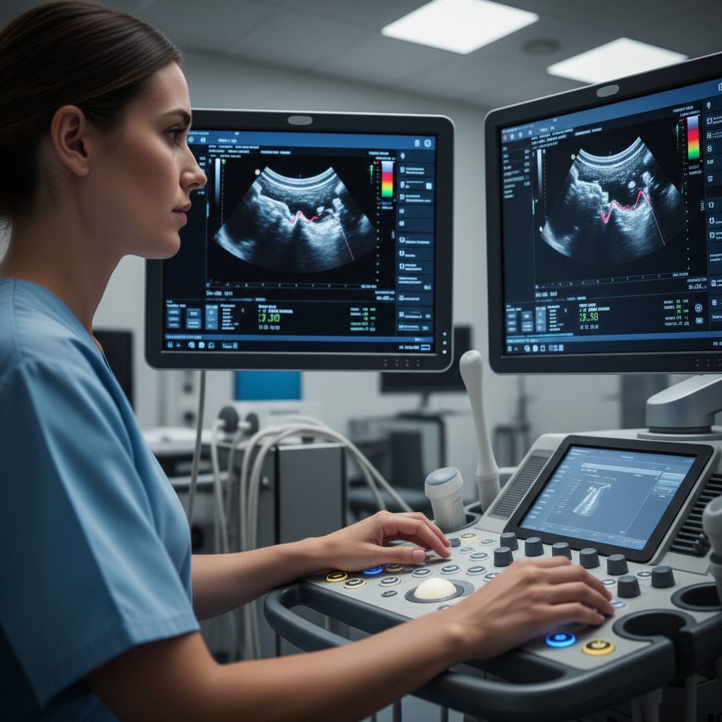 Technik medyczny podczas obsługi aparatu echo serca, skupienie na ekranie, kliniczne otoczenie