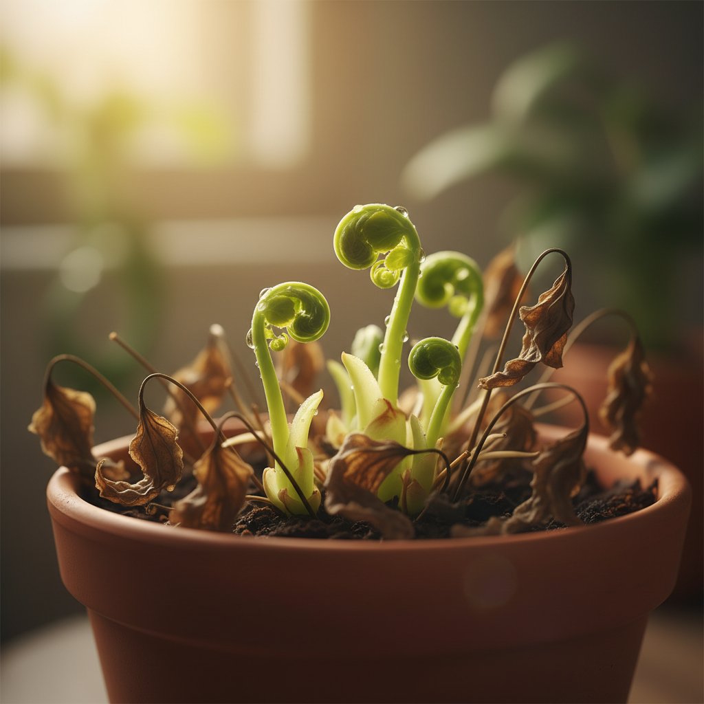 Odradzająca się roślina doniczkowa z nowymi przyrostami po skutecznej reanimacji domowej