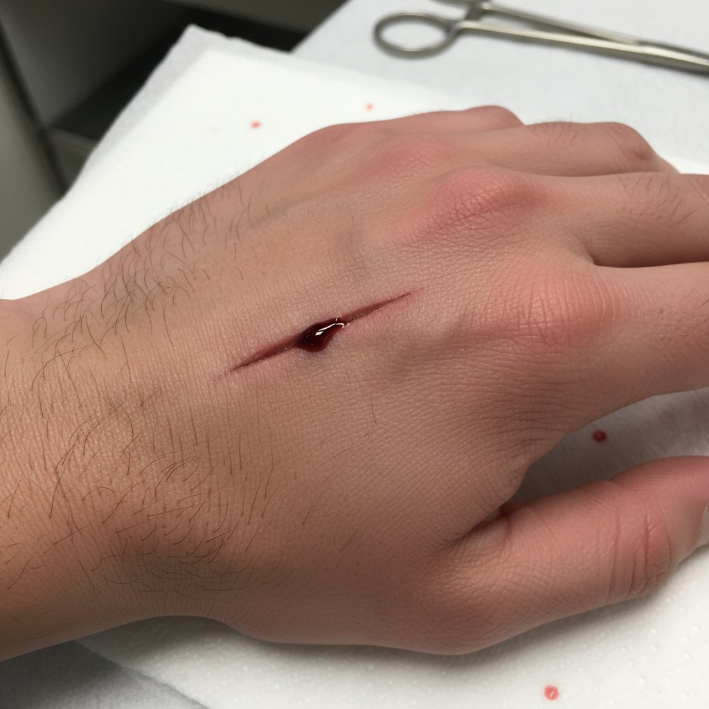 Zbliżenie rany ciętej na dłoni, tekstura skóry, nowoczesny styl dokumentalny