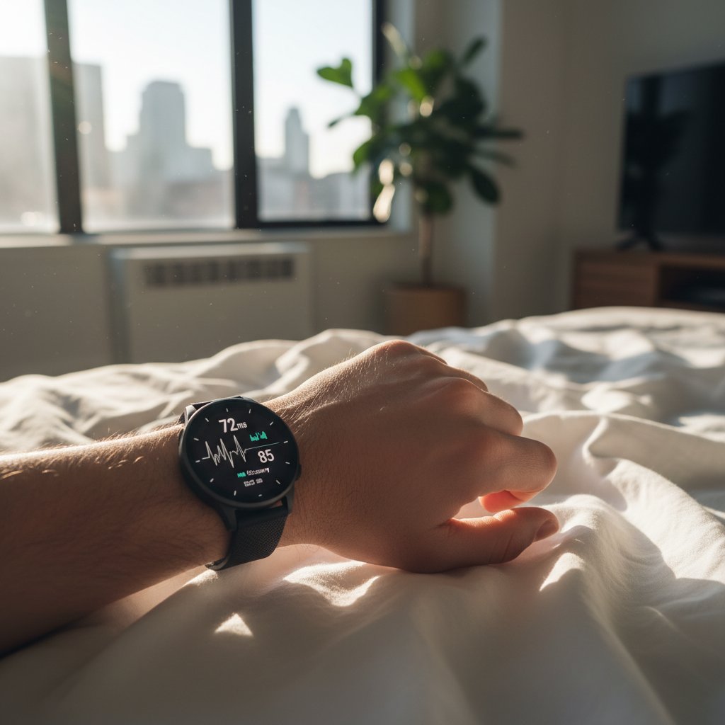 Zbliżenie na dłoń z zegarkiem sportowym, wyświetlającym dane HRV, na tle porannego światła w miejskim mieszkaniu