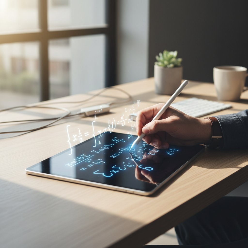 Uczeń rozwiązujący zadanie matematyczne na tablecie podczas korepetycji online