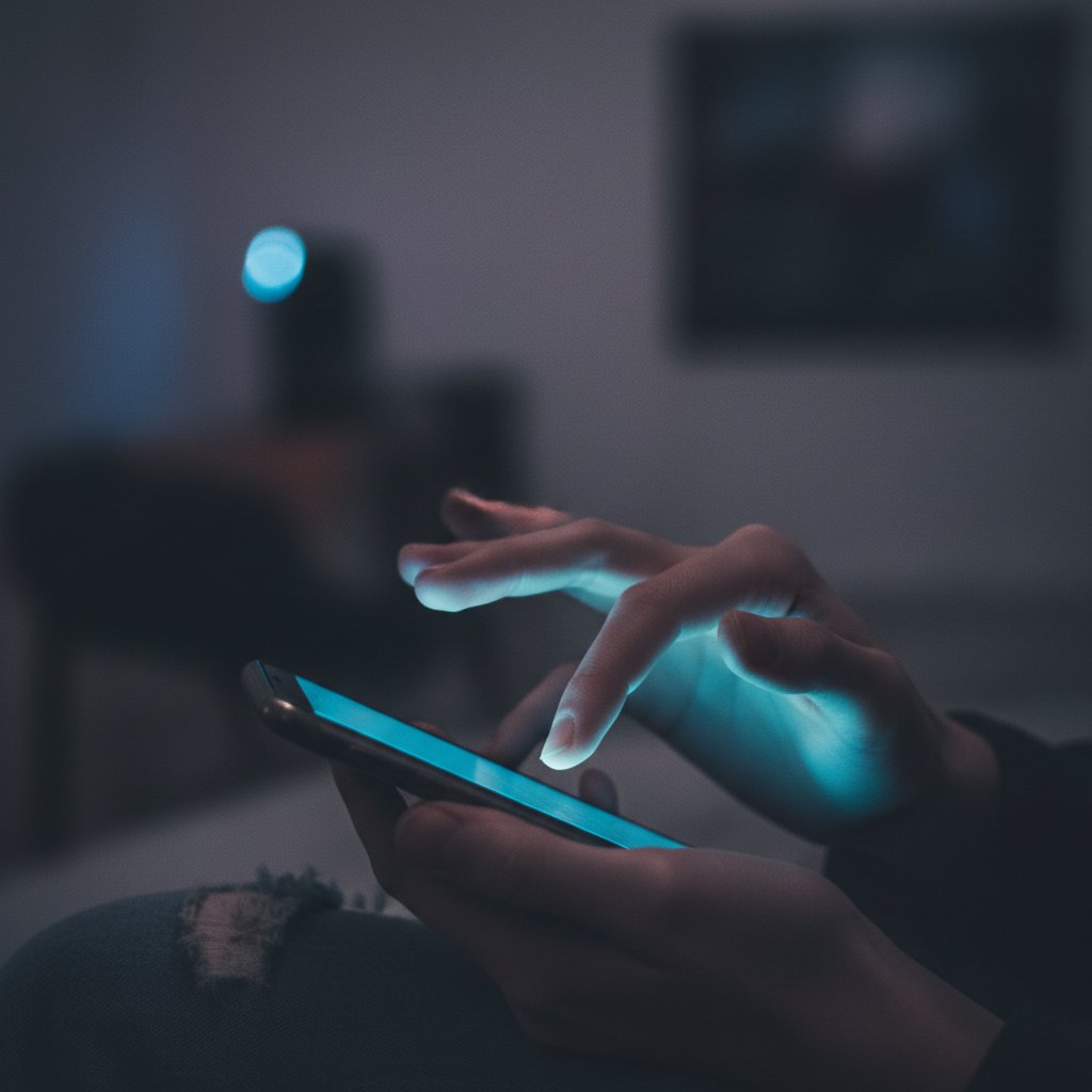 Objawy samotności w sieci podczas wieczornego przeglądania – zbliżenie na dłonie przewijające telefon, odbicie niebieskiego światła