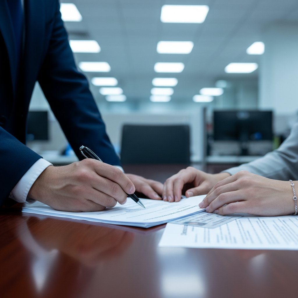 Zbliżenie na dłonie nerwowo podpisujące urzędowe dokumenty, zimne biurowe światło