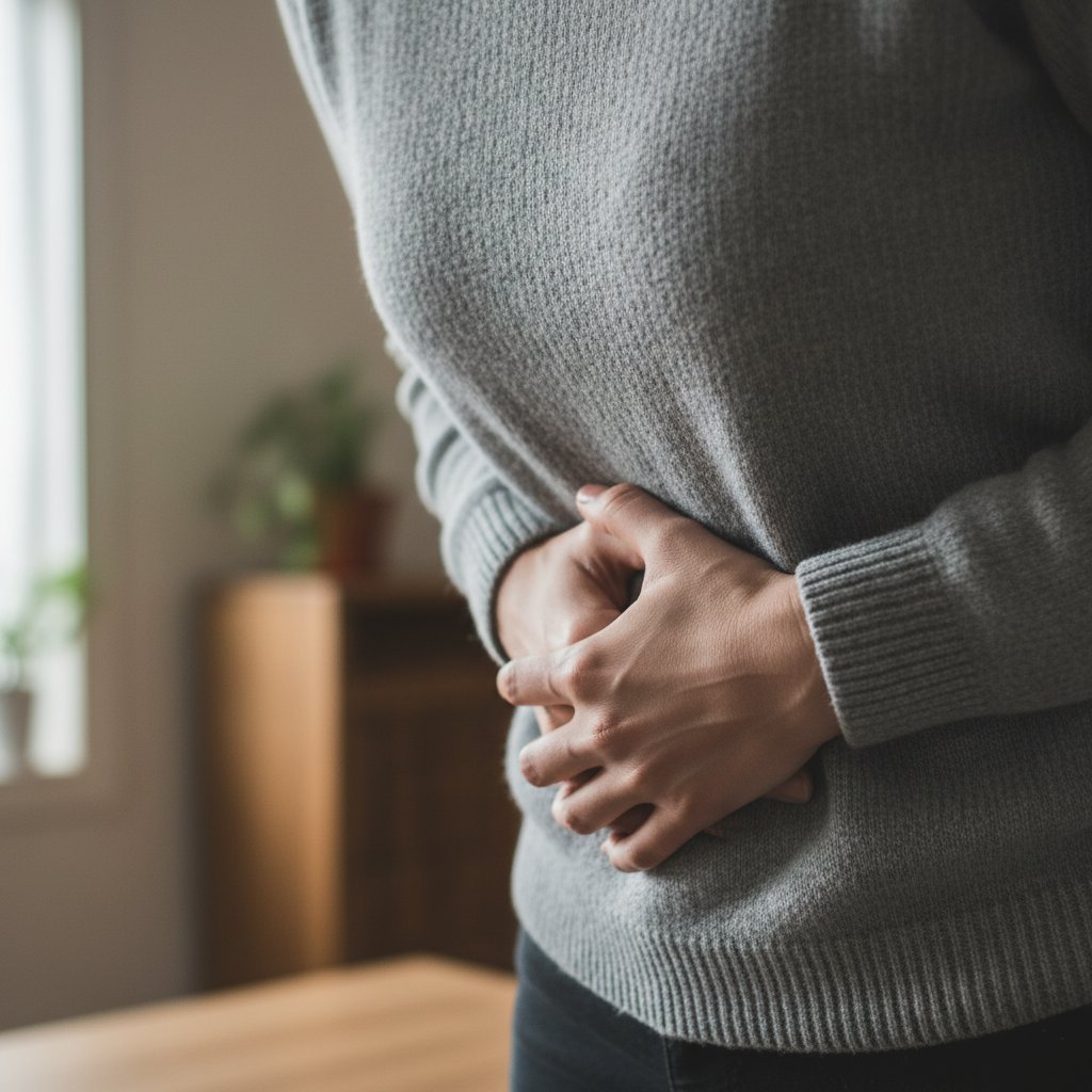 Dłonie trzymające brzuch w napięciu - objawy otrzewnowe w praktyce