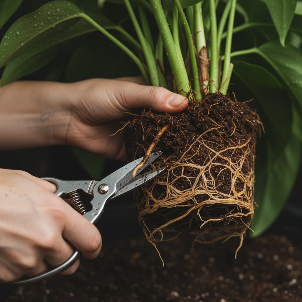 Przycinanie zgniłych korzeni rośliny doniczkowej podczas reanimacji domu