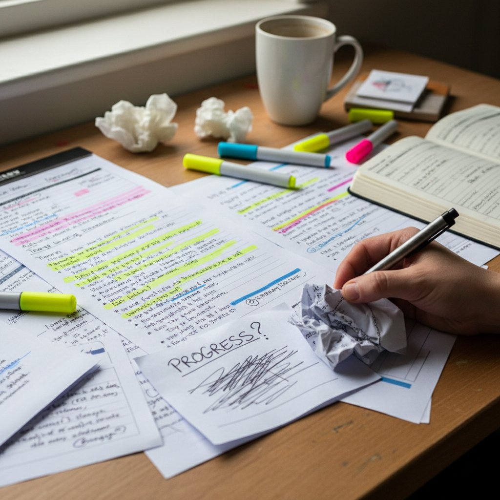 Wypełnione karty pracy i notatki z terapii poznawczo-behawioralnej