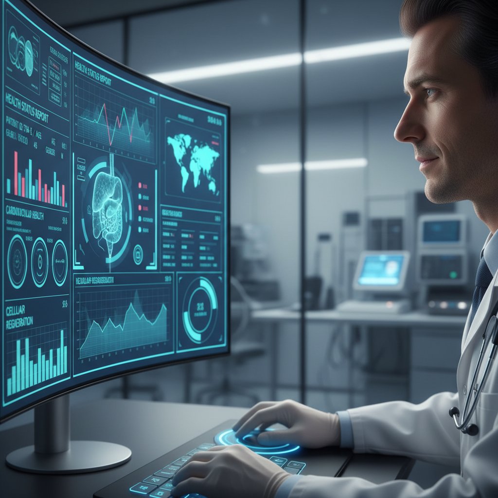 Zbliżenie na ekran komputera z analizą zdrowotną, postać lekarza w tle