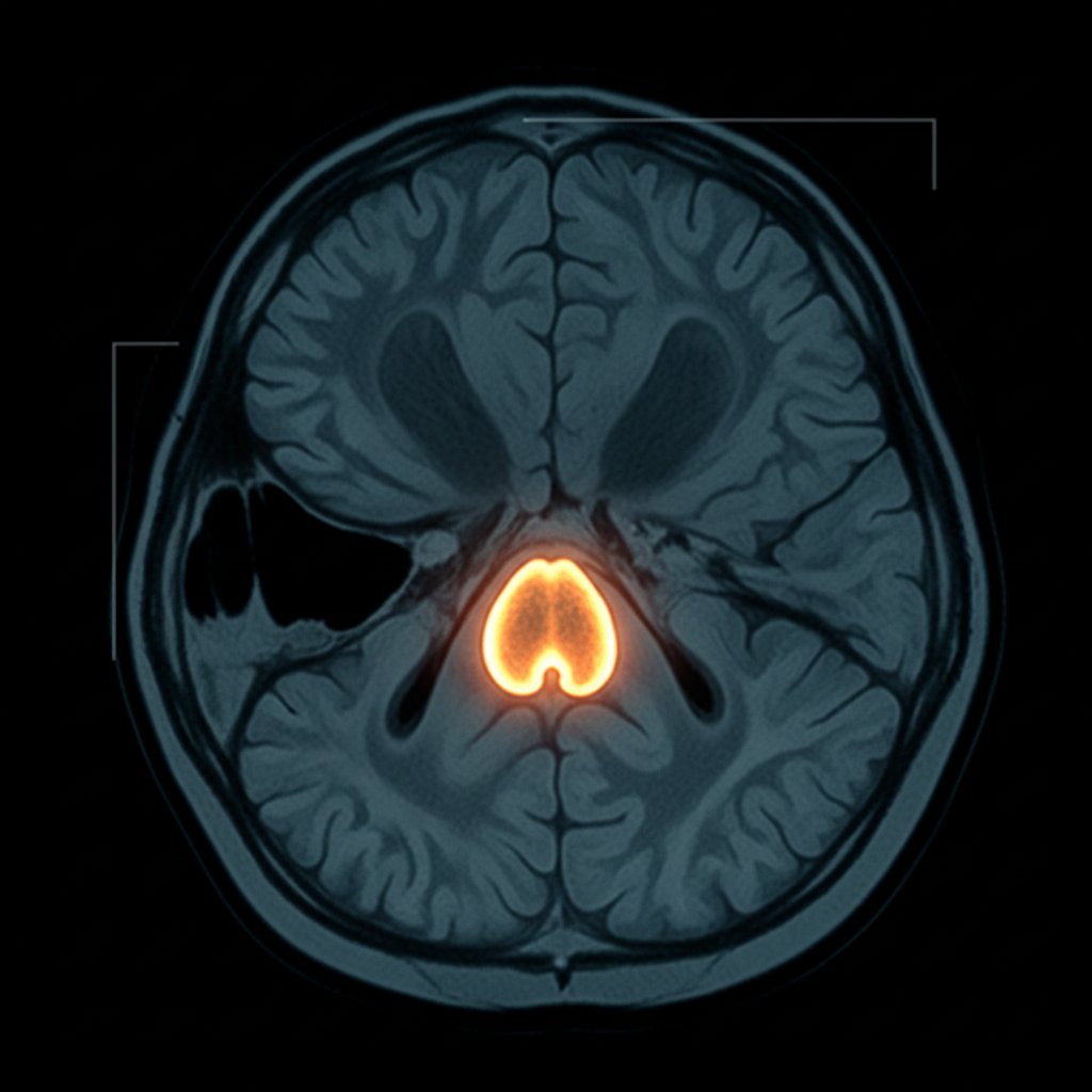 Obraz MRI mózgu z wyraźnie zaznaczonym ciałem migdałowatym podczas ataku paniki