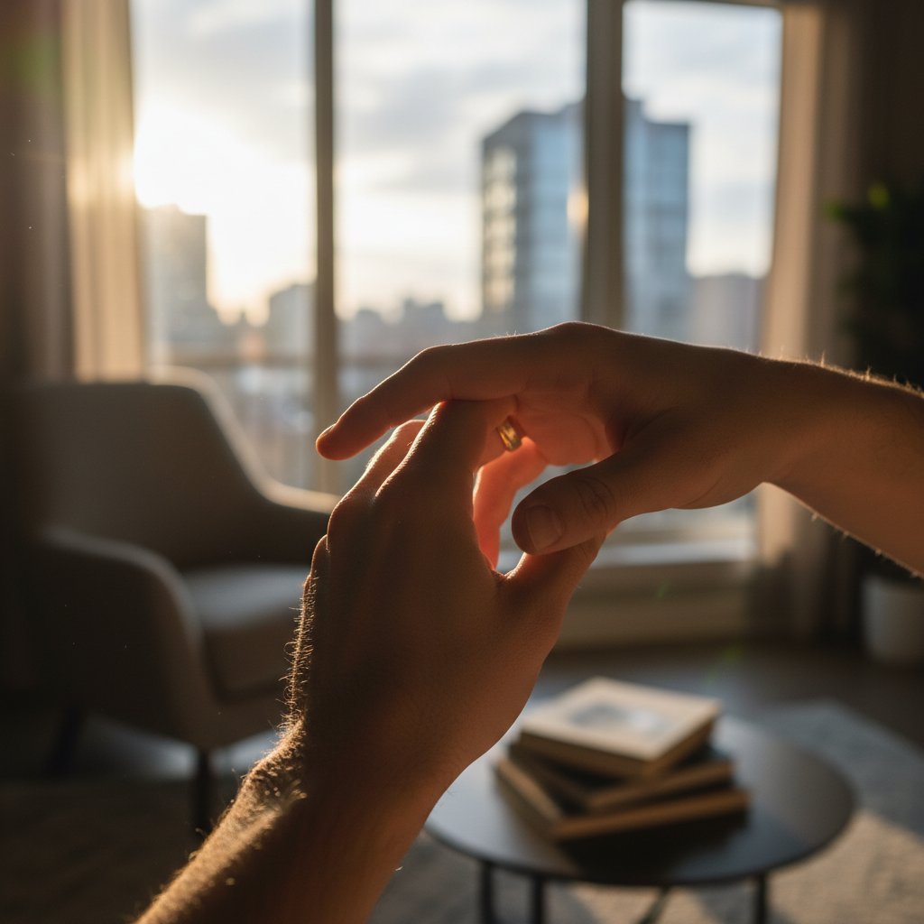 Zbliżenie na dłoń głaszczącą drugą dłoń w miejskim mieszkaniu, kontrast między samotnością a ciepłem, słowa kluczowe: głaskanie, emocje, dotyk