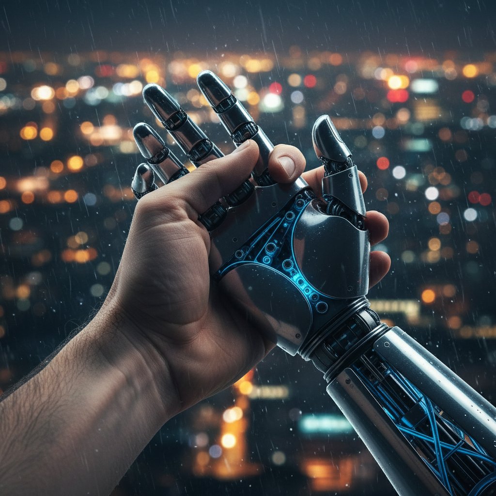 Zbliżenie splecionych dłoni, ludzkiej i robota, na tle nocnego miasta — napięcie emocjonalne i technologia
