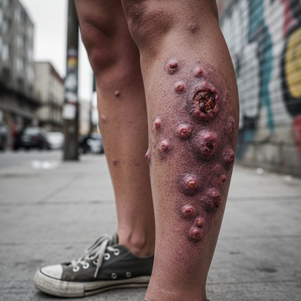 Bolesne guzki na nogach w przebiegu rumienia guzowatego widoczne z bliska, dokumentalny styl
