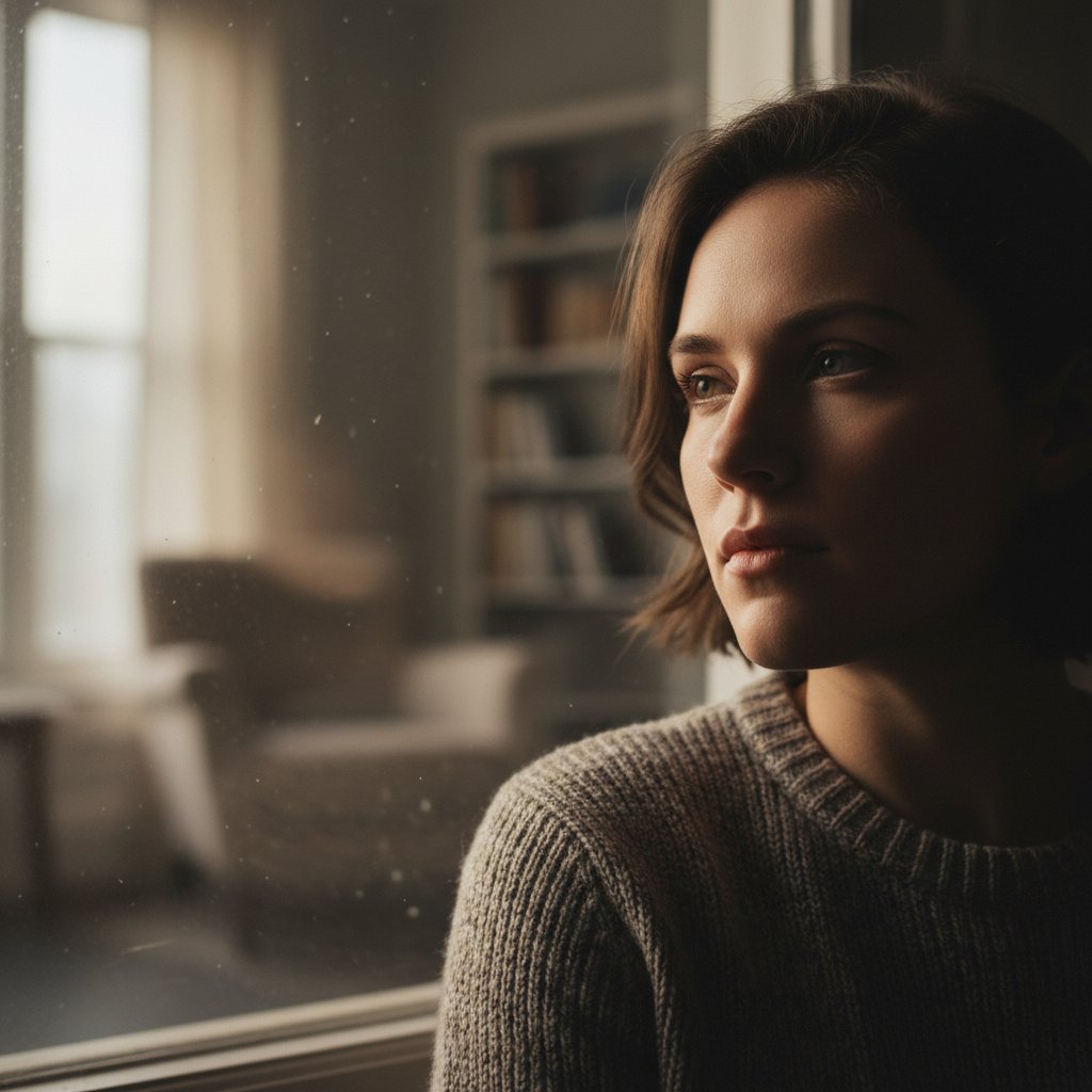 Osoba zamyślona przy oknie w domowym wnętrzu, ilustracja samotności emocjonalnej w Polsce