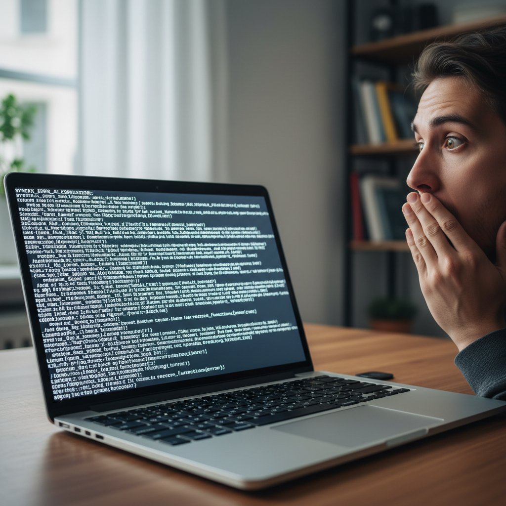 Zbliżenie na ekran laptopa z błędną odpowiedzią AI i zdziwioną twarzą użytkownika