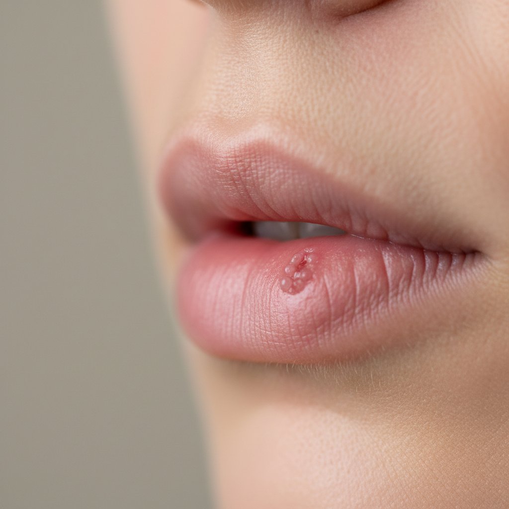 Pierwsze objawy opryszczki na ustach – zbliżenie ust z początkową fazą opryszczki, neutralne tło, styl medyczny