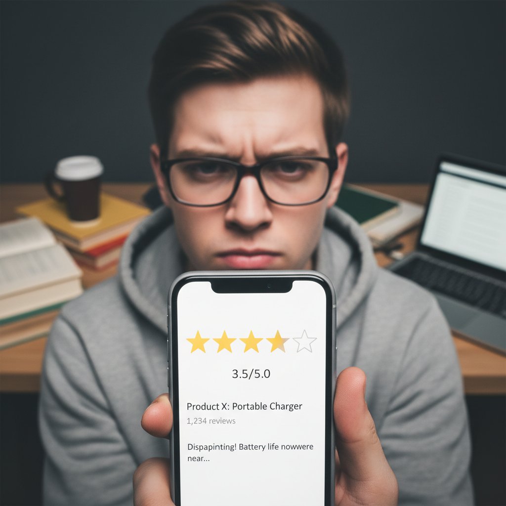 Nahaufnahme eines Smartphones mit Bewertungssternen, ein skeptischer Schüler im Hintergrund, Bewertung Online-Nachhilfe