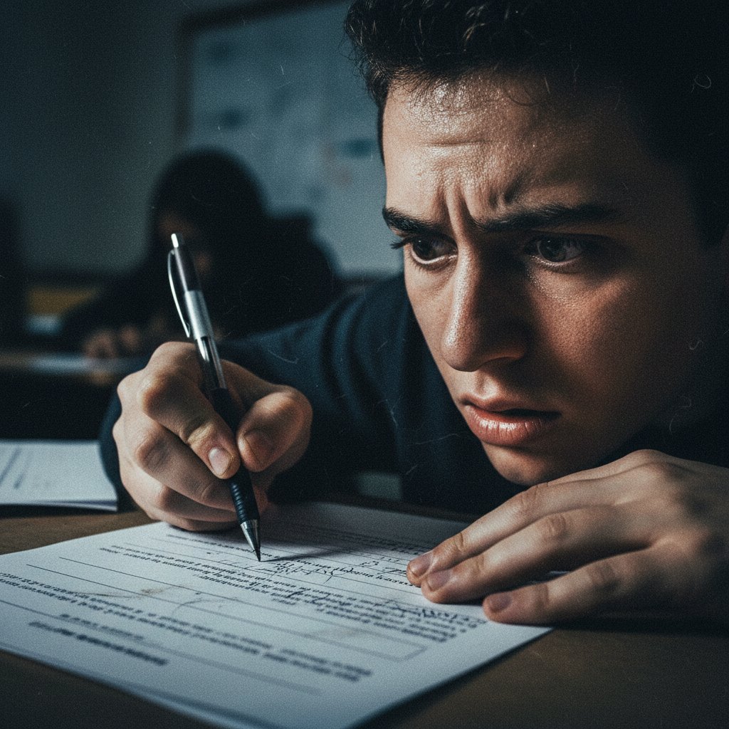 Zestresowany uczeń podczas egzaminu zawodowego technik