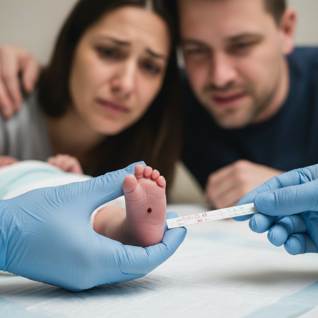 Pobieranie próbki krwi z pięty noworodka podczas testów przesiewowych