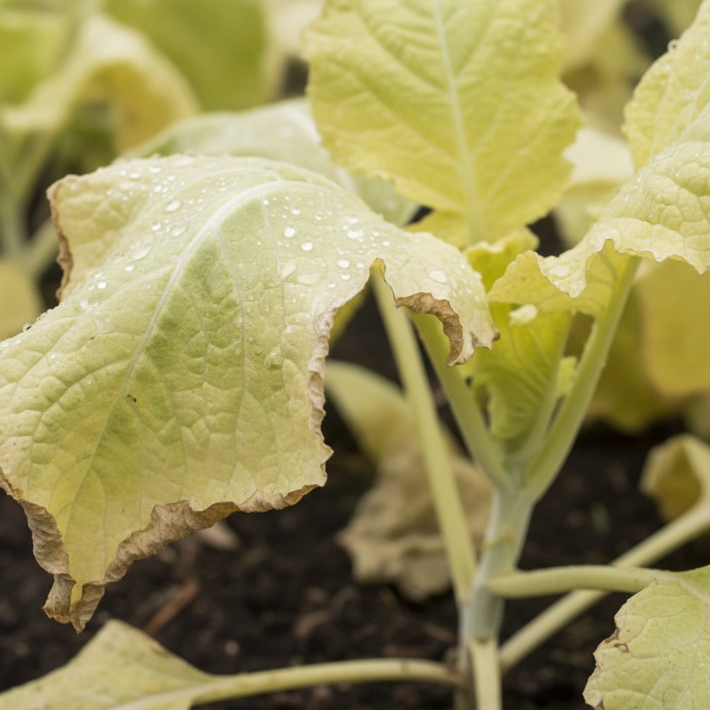 Liście warzyw z objawami niedoboru azotu – żółknięcie i osłabienie