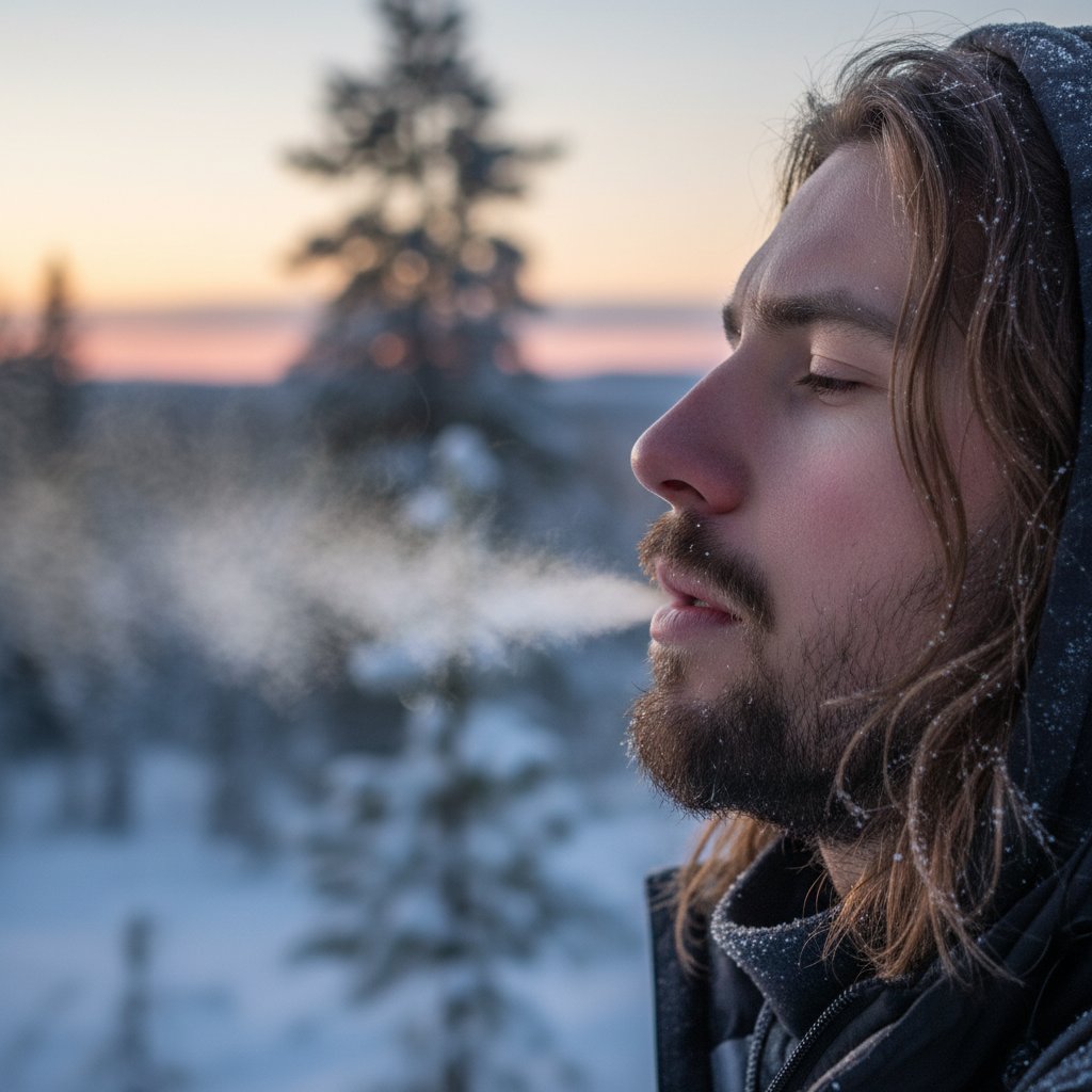 Ćwiczenie oddechowe dla nerwu błędnego – osoba wydycha powietrze, widoczny ślad oddechu na tle natury