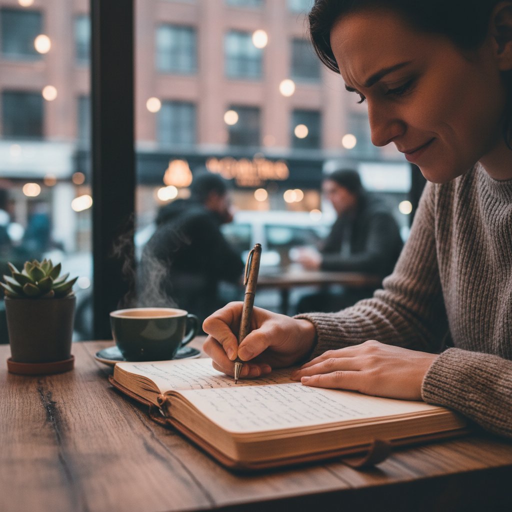 Osoba pisząca myśli w dzienniku w kawiarni, symbol pracy nad restrukturyzacją poznawcza
