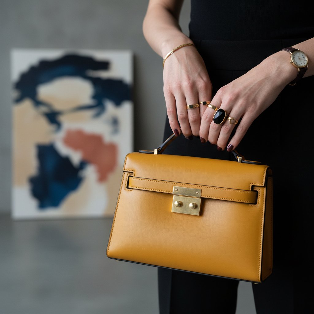 Niska kobieta z wyrazistą torebką i biżuterią