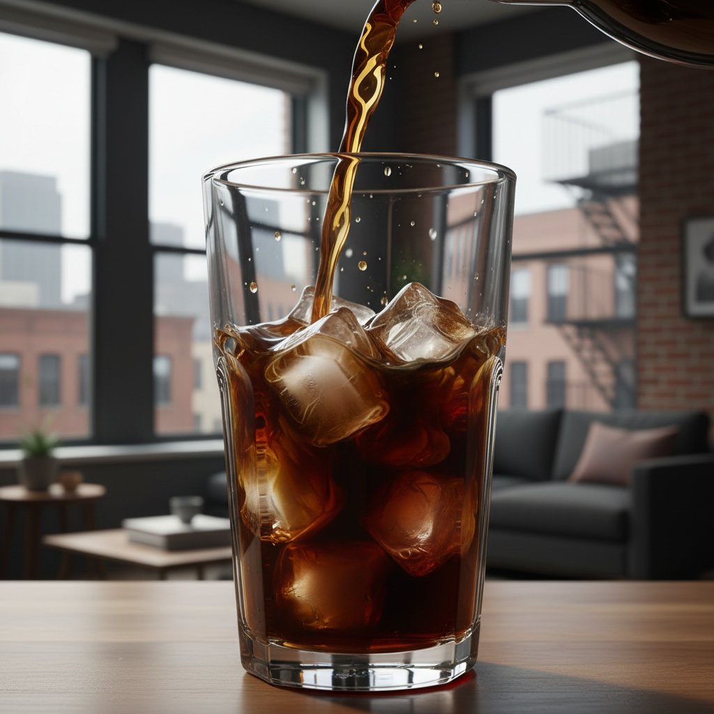 Zbliżenie, nalewanie kawy na lód w szklance, miejski dom, mocny kontrast