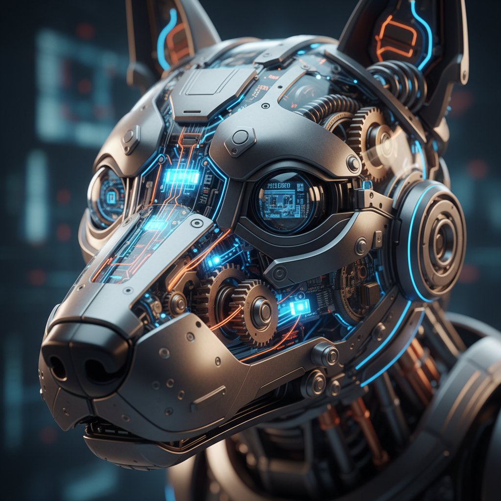 Zbliżenie na mechaniczne i cyfrowe komponenty nowoczesnego robota psa