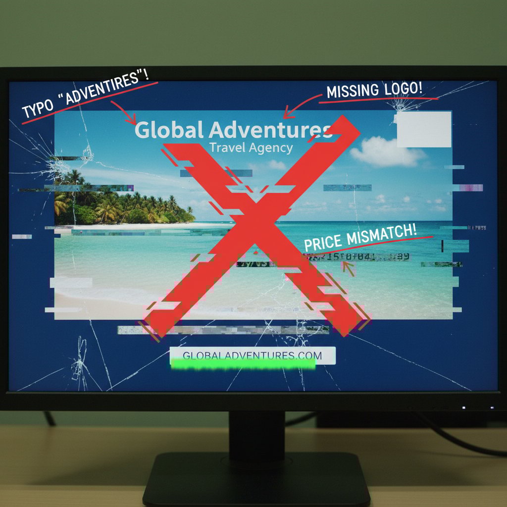 Zbliżenie na ekran z poprawkami i wyłapanymi błędami na grafice reklamowej