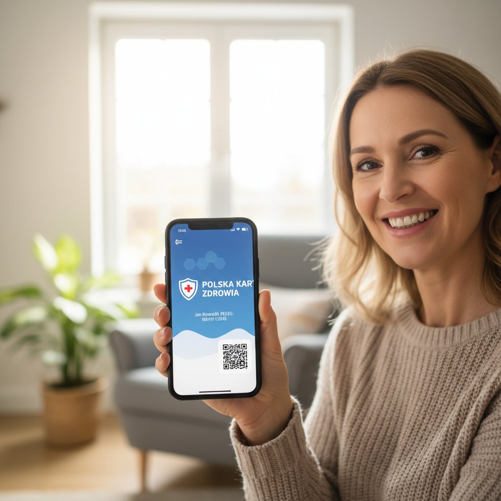 Aplikacja zdrowotna na smartfonie, uśmiechnięty pacjent, karta zdrowia online, szybka rejestracja