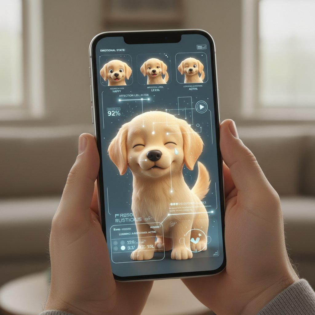Zbliżenie na ekran smartfona z aplikacją pies symulator dla alergika, widoczne realistyczne emocje cyfrowego psa