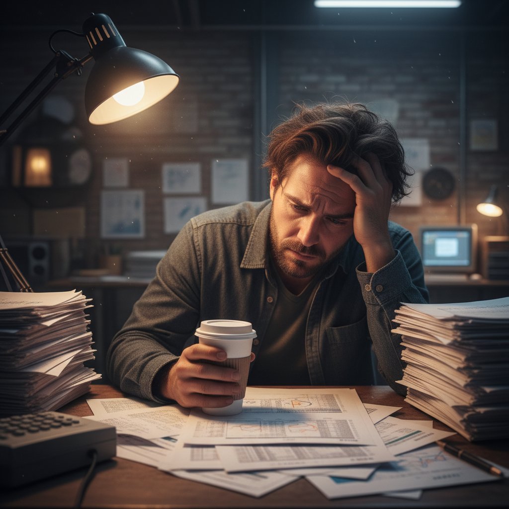 Stressed analyst manually reviewing documents