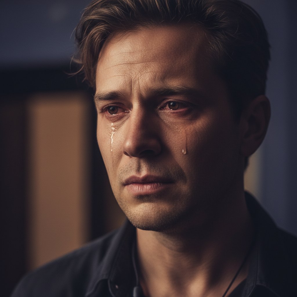 Close-up of a teary-eyed actor in dramatic lighting, evocative color grading, 16:9