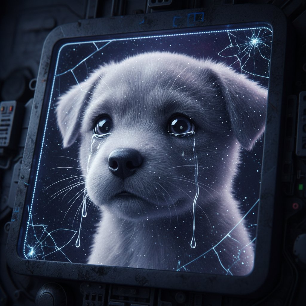 Zbliżenie na zapłakane oczy odbijające cyfrowego pieska na ekranie – emocje w cyfrowej opiece nad szczeniakiem