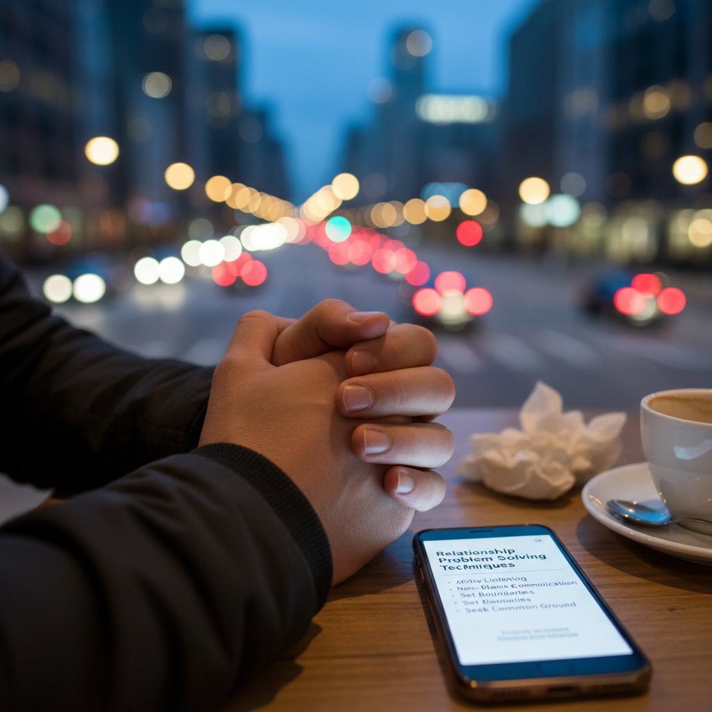 Close-up of tense couple’s hands during argument, city lights blurred, relationship problem solving techniques