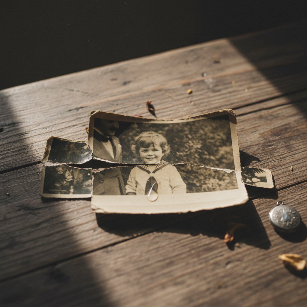 Zdjęcie zniszczonej fotografii dzieciństwa na stole, symbolizującej skutki traumy rozwojowej