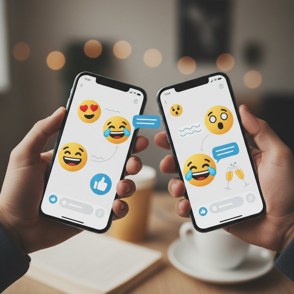 Rozmowa online pełna emocji i zaangażowania – zbliżenie, dwie dłonie trzymające telefony, animowane emotikony na ekranach