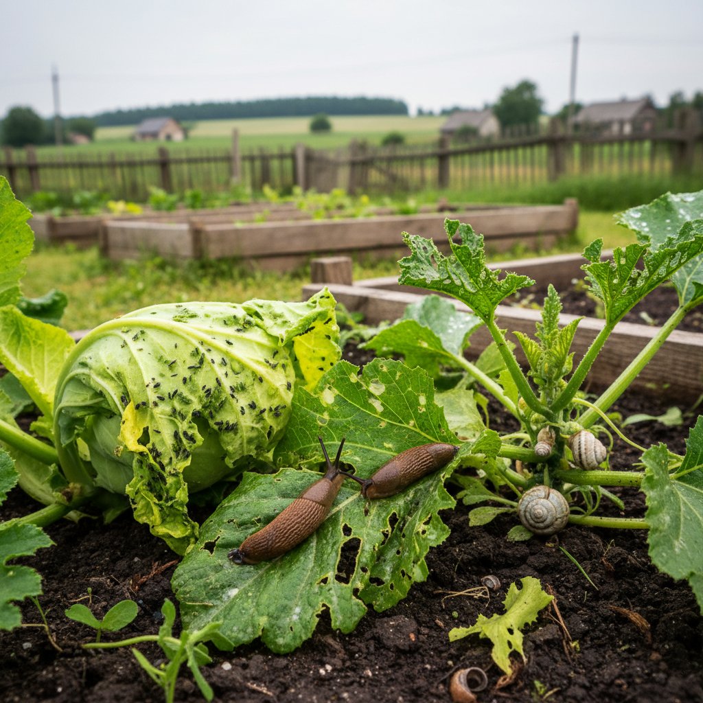 Zbliżenie na liście warzyw z widocznymi śladami żerowania mszyc i ślimaków, ogród w Polsce