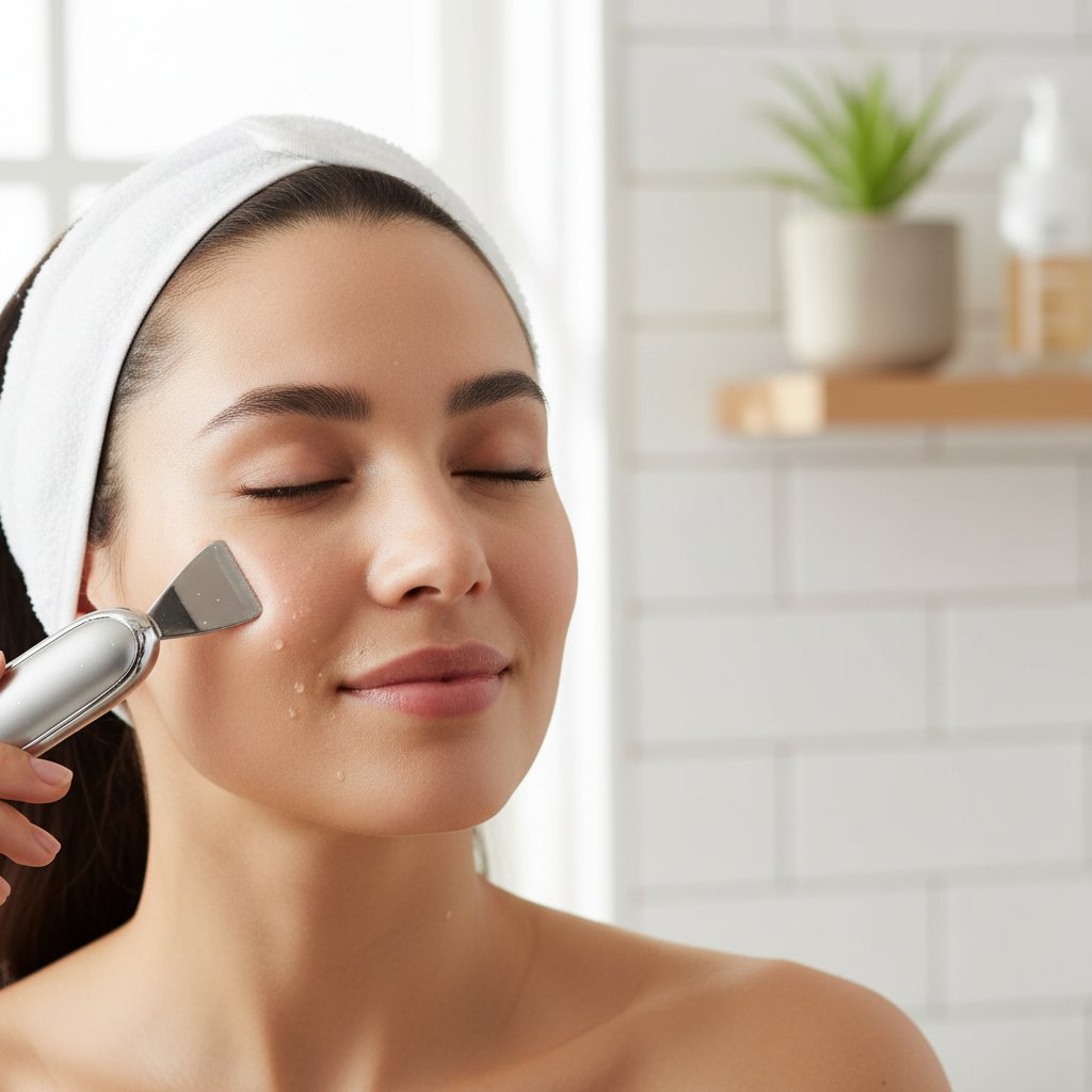 Zbliżenie na domowy zabieg peelingu kawitacyjnego, kobieta przykłada urządzenie do policzka