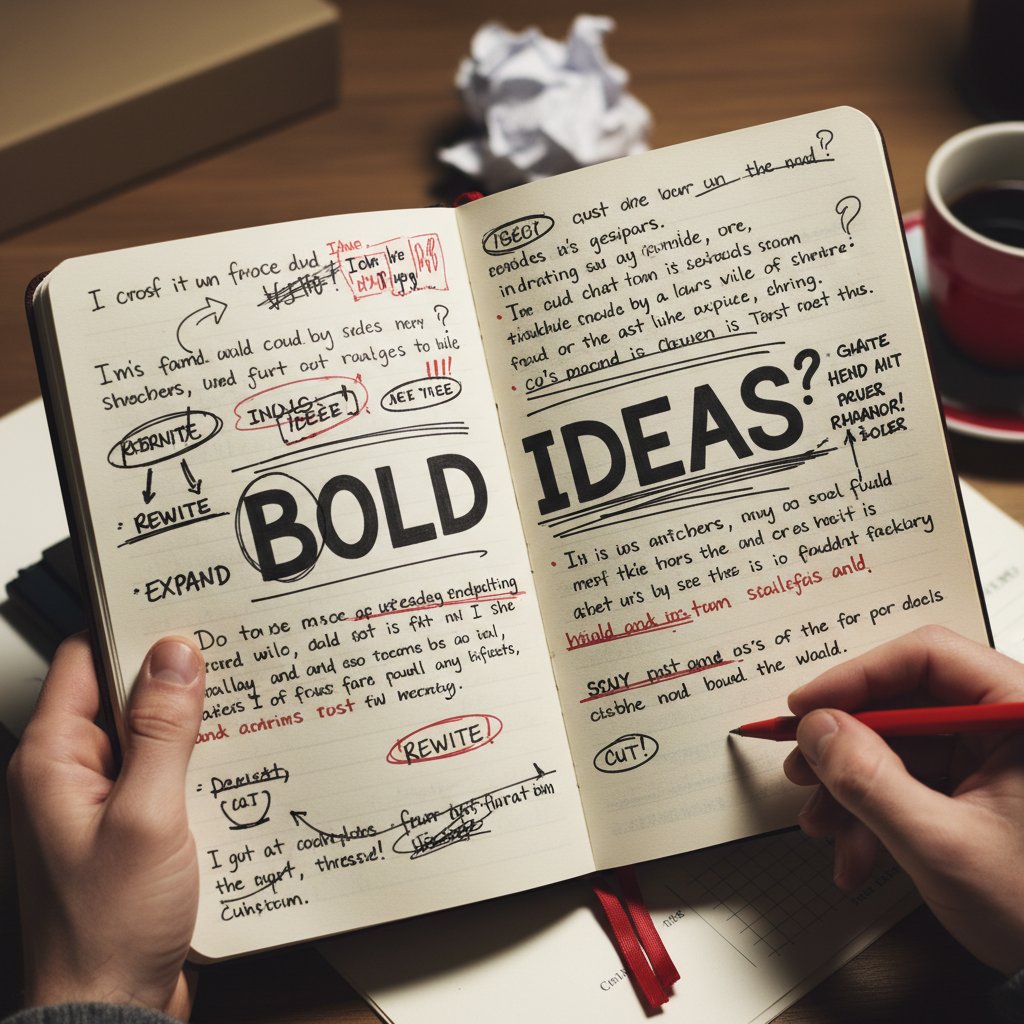 Zeszyt mistrza copywritingu – zbliżenie na odręczne notatki z wyrazistymi pomysłami