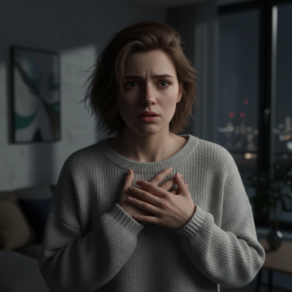 Młoda osoba zaniepokojona kołataniem serca w nocy, siedzi na kanapie, nowoczesne mieszkanie, wieczorne światło